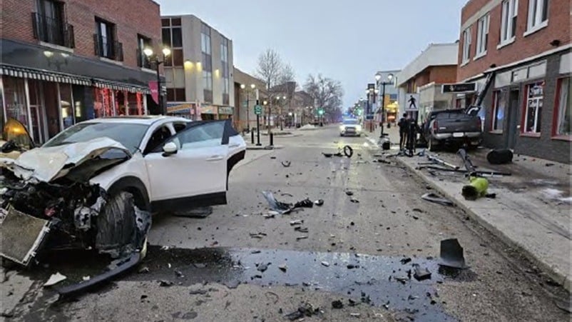 Crash scene in downtown Red Deer on Feb. 14, 2026.
