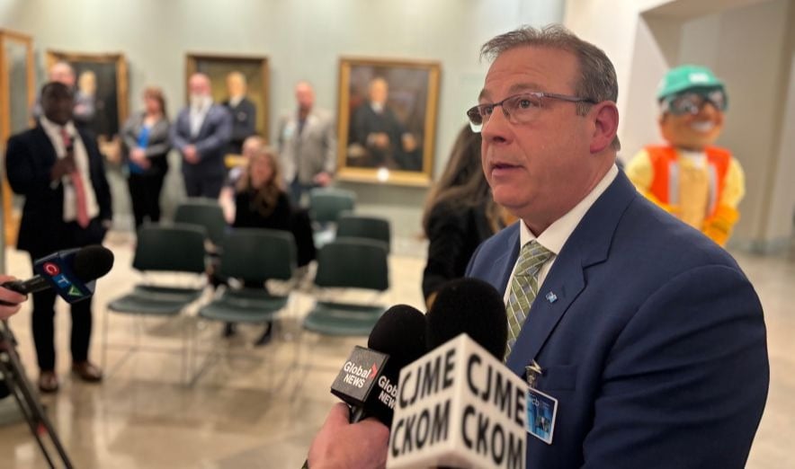 Saskatchewan Workers’ Compensation Board CEO Phillip Germain speaks with reporters following Wednesday’s WorkSafe Saskatchewan rebrand announcement in Regina.