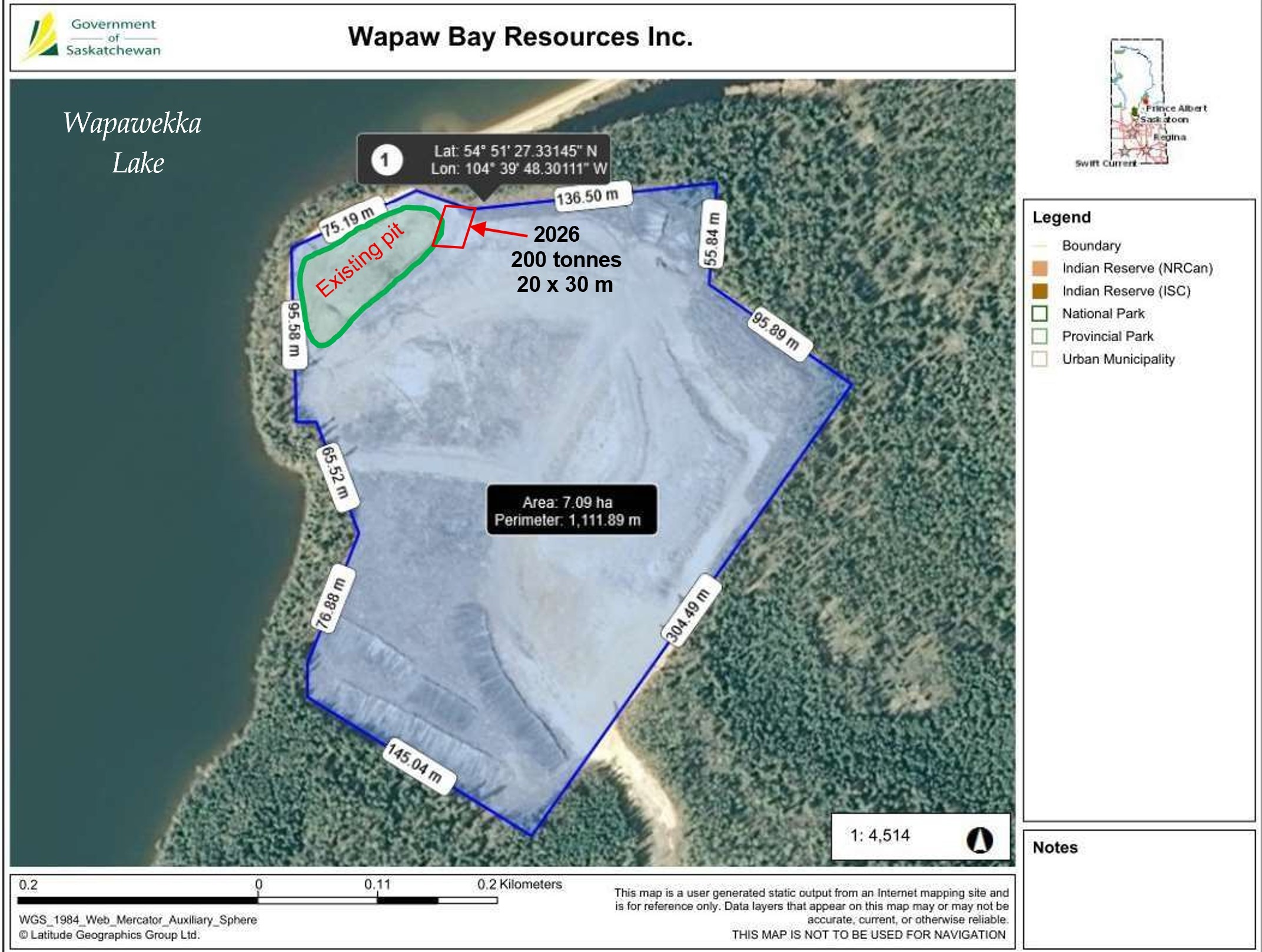 A map detailing the project site. The area highlighted in red is where extraction will occur in 2026.