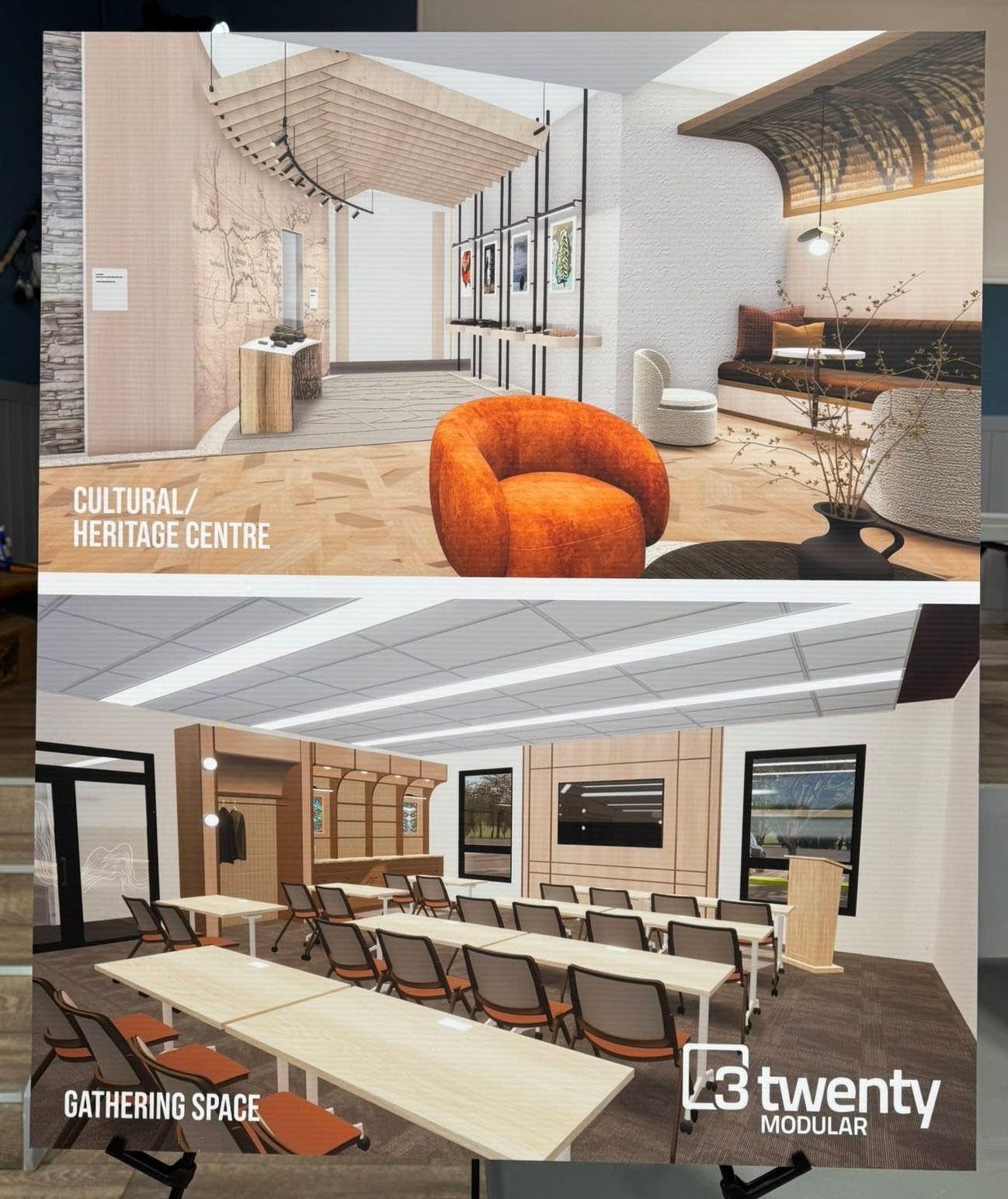 Renderings of the heritage centre and gathering space.