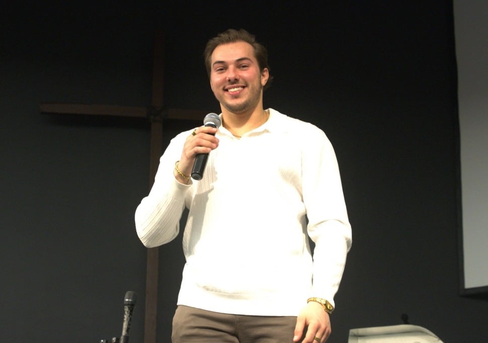 Kaleb Dahlgren, a survivor of the 2018 Humboldt Broncos bus crash, speaks to students during a mental health summit at Living Faith Chapel on Thursday, Feb. 26, in North Battleford.