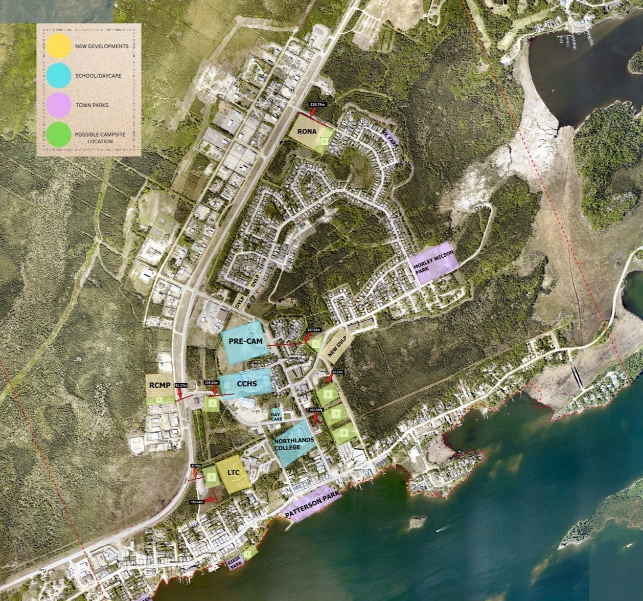 The areas highlighted in green are areas identified for the campsite location.