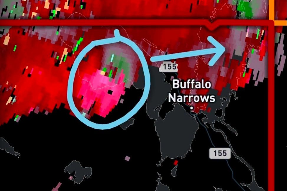 An screenshot taken of a radar showing the signature of the worst of Wednesday's storm, which could have dropped a tornado.