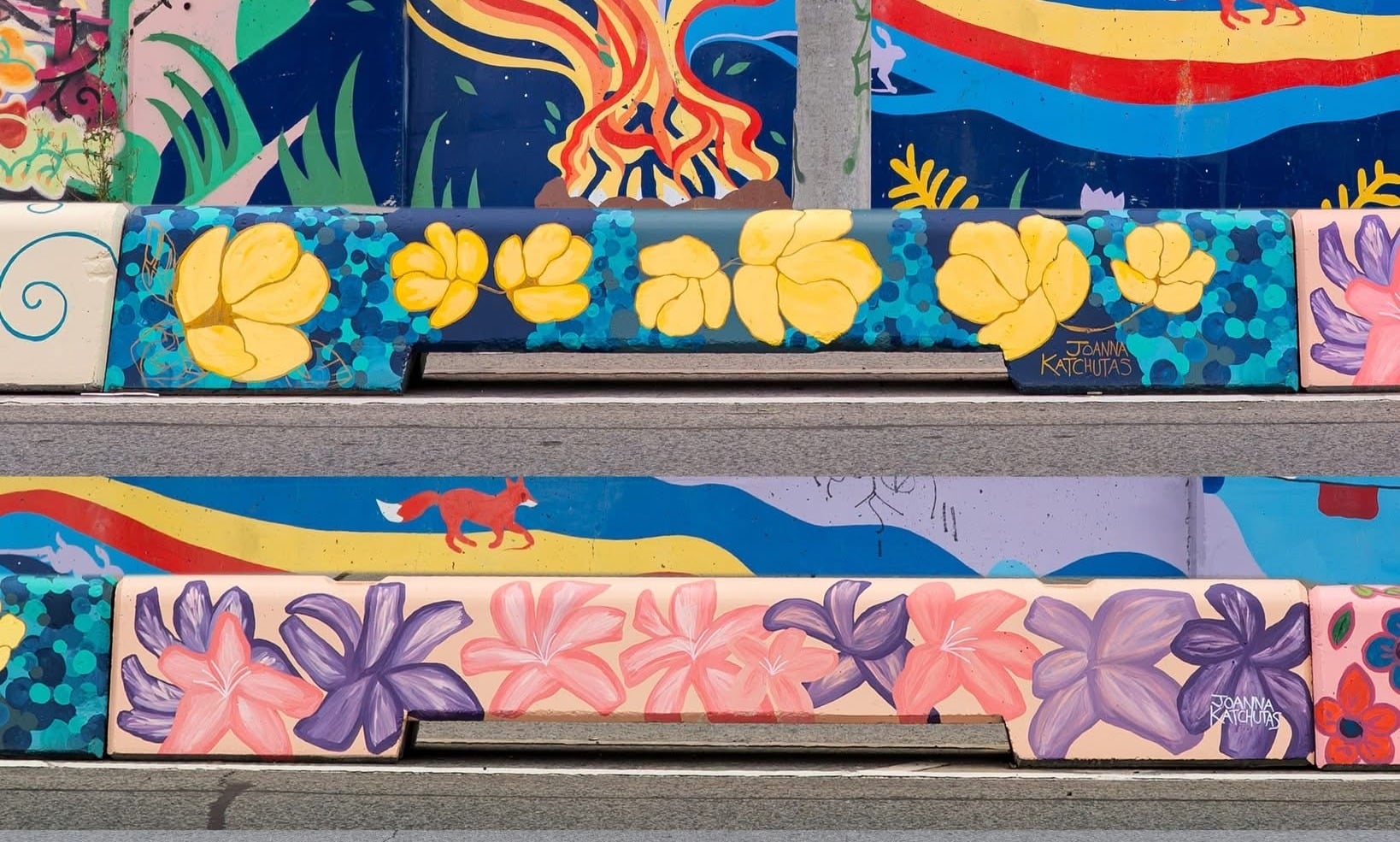 A painted concrete barrier by artist Joanna Katchutas is shown as part of the Concrete Barrier Program in Toronto.