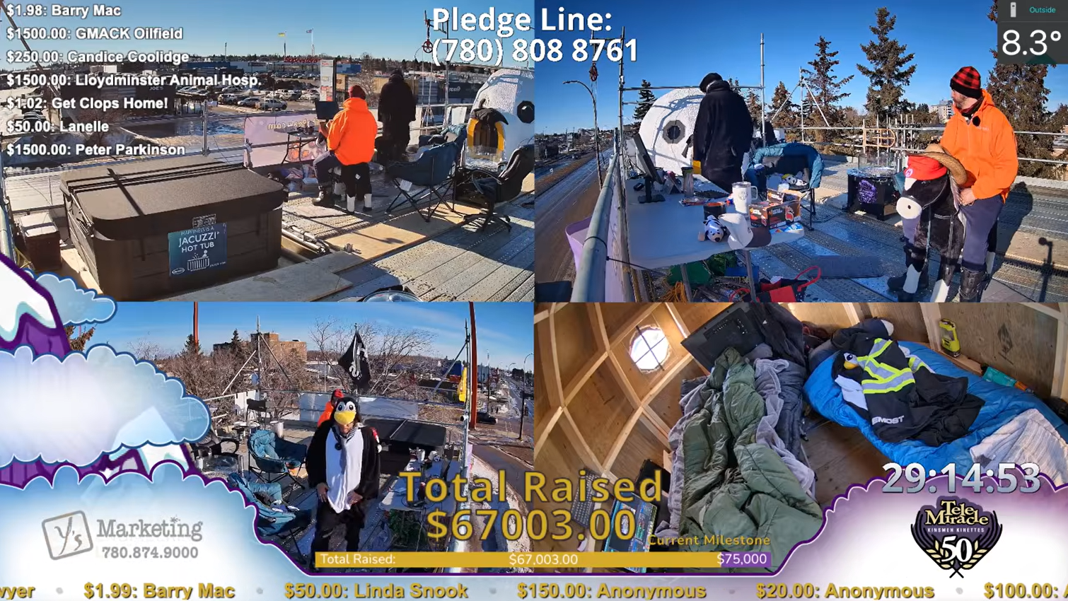 Louis Stang and Ean Bull take part in the “Geeks on the Peak Revival” TeleMiracle fundraiser while living on a raised platform in Lloydminster, where the six-day challenge is being livestreamed to encourage donations.