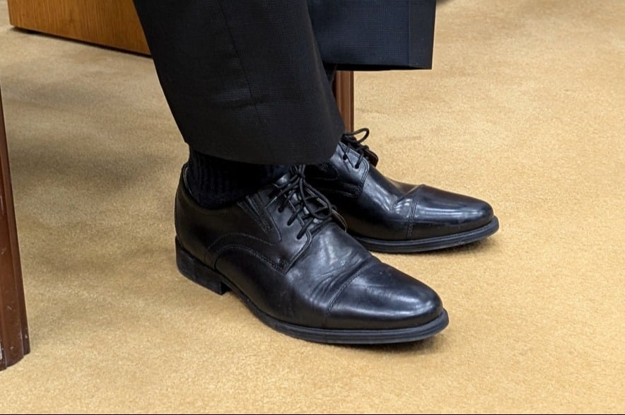 Finance Minister Jim Reiter’s budget shoes for 2026-27 are the same as 2025-26, just with a little protecting spray added Mar. 17, 2026.