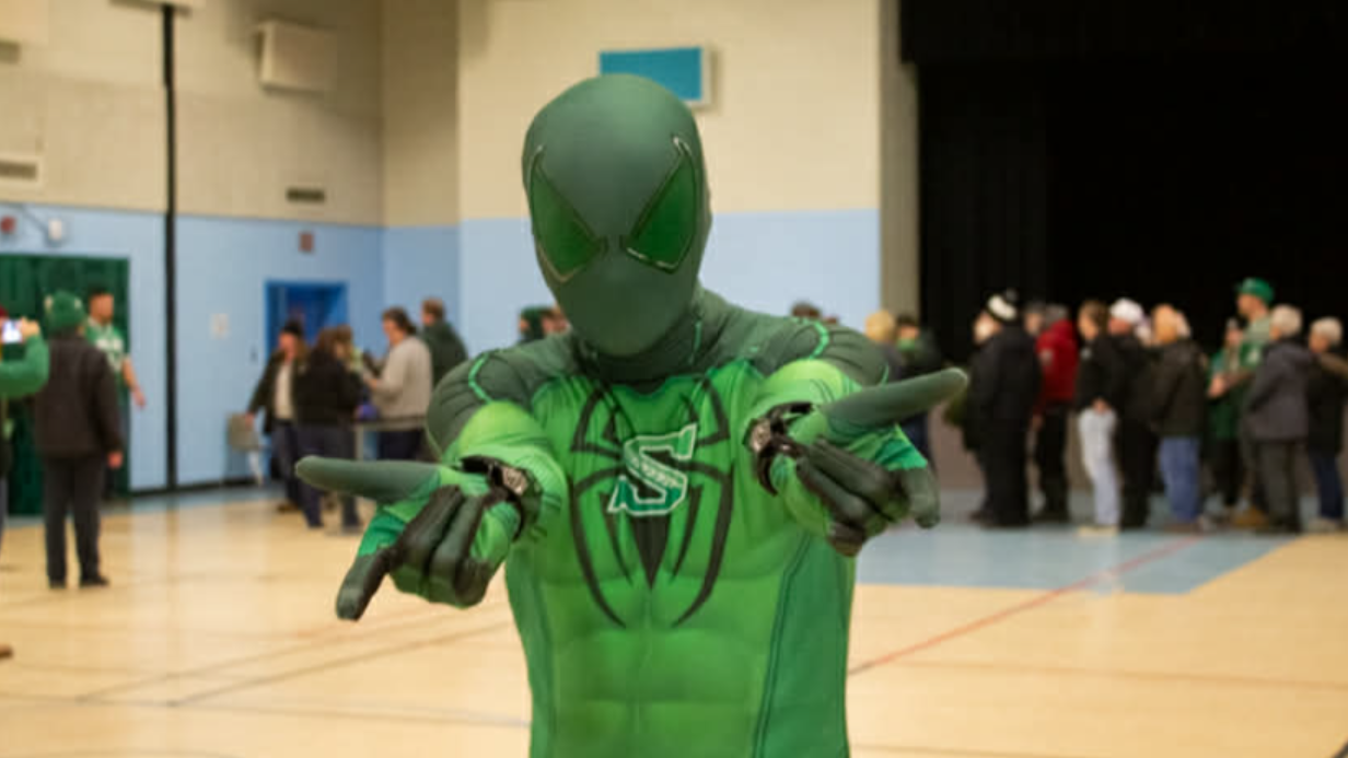 Wazzy, a fan dressed in a green spiderman costume.