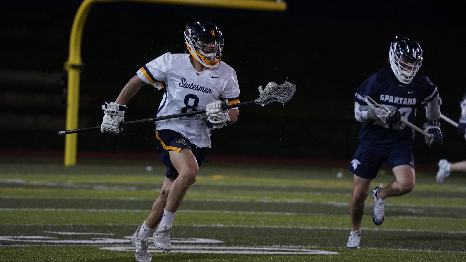 Crosby's brother, Thomas (#8), is seen playing with the William Penn Statemen in a game against the Missouri Baptist Spartans on April 15, 2026.