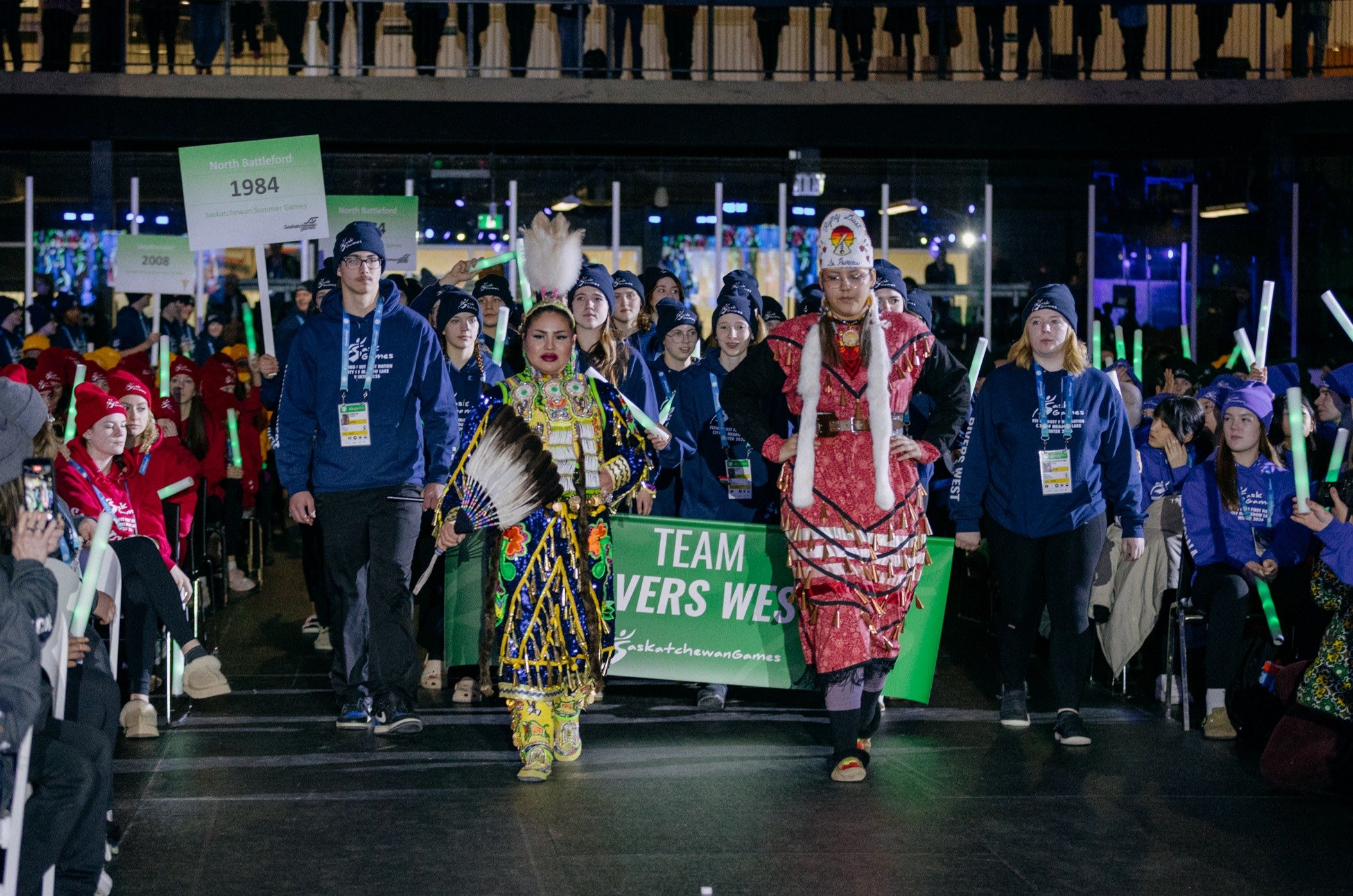 Team Rivers West enters the arena during the parade of athletes at the opening ceremony of the 2026 Saskatchewan Winter Games at the Meadow Lake Co-op Centre on Sunday, Feb. 15, 2026.