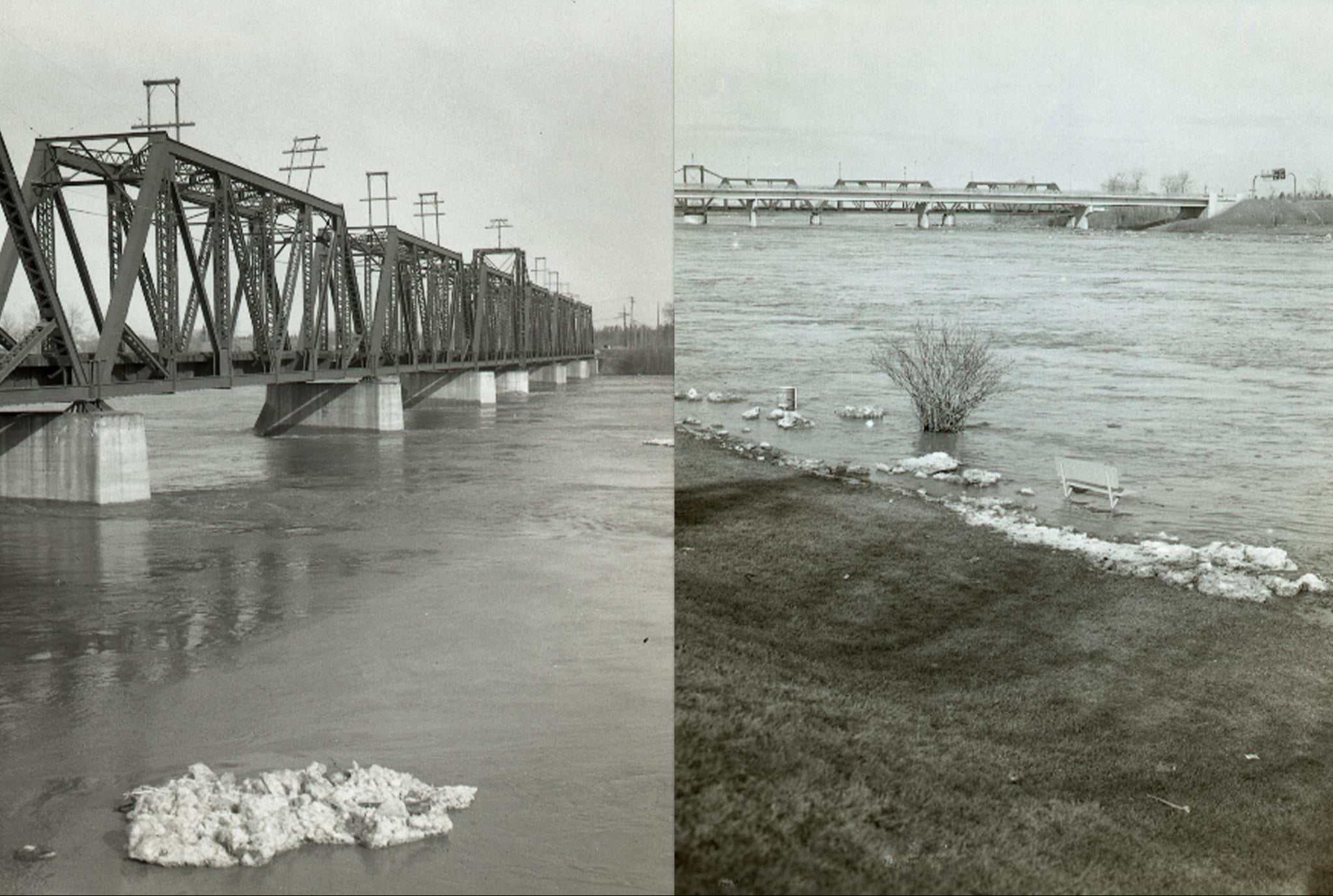 Two pictures show the water levels of the North Saskatchewan River during the 1974 flood in Prince Albert.