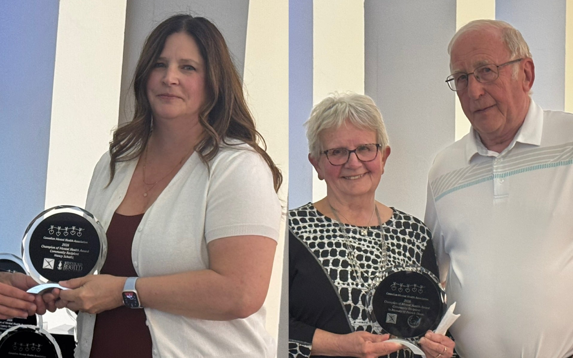 Nancy Schultz, left, and Les and Donna Olson, accepting in memory of Patrick Olson, were recognized with Champion of Mental Health Community Awards during the Canadian Mental Health Association Battlefords branch’s Champions of Mental Health awards event in North Battleford on May 9, 2026.