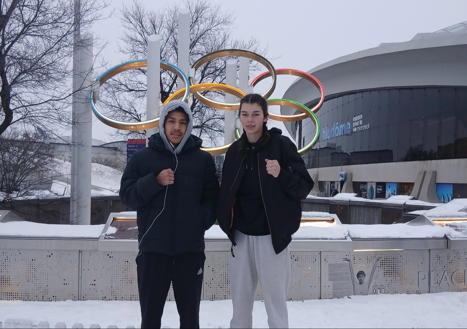 Havanna Demers of Rapid View, right, and Saskatoon boxer Jaycey Kasakan pose outside of the Institute National du Sport (INS) Québec in Montreal.