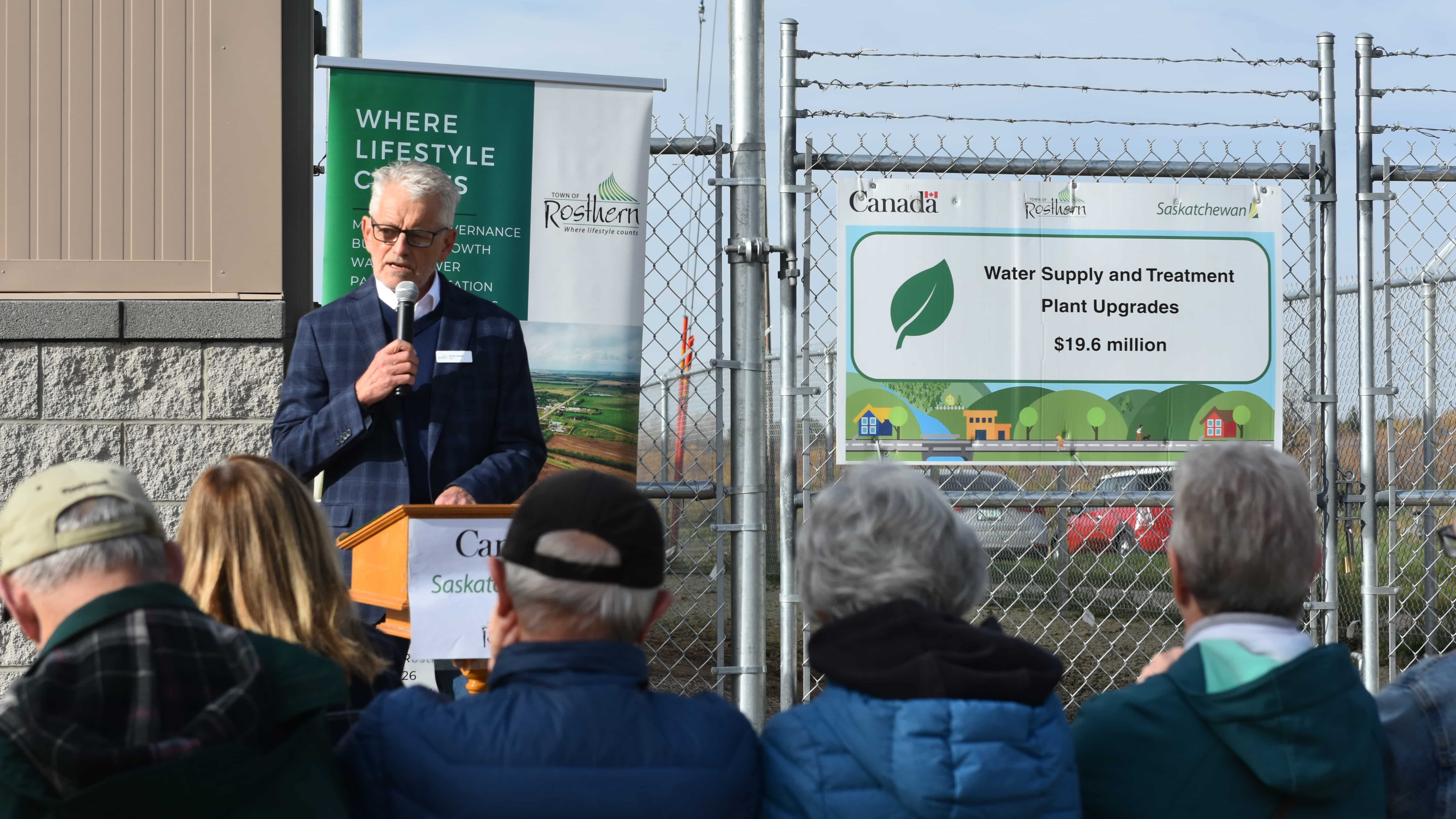 Rosthern Mayor Dennis Helmuth speaks ahead of the grand opening of the town's new water treatment plant in Rosthern on Oct. 17, 2026.