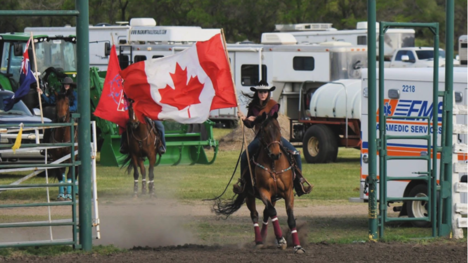 Brooke Focht running flags at a 2025 rodeo.