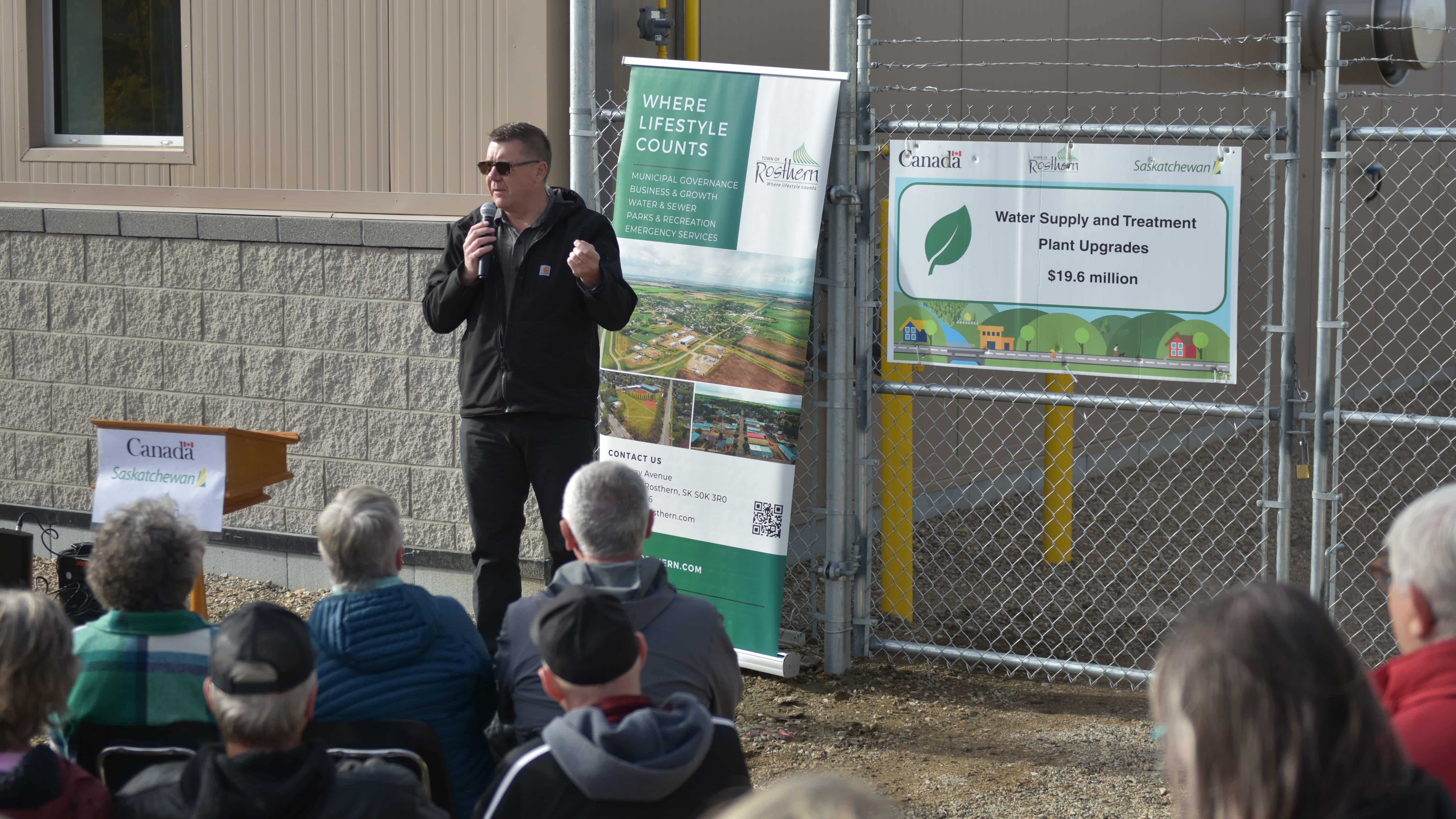 Saskatchewan Premier and Rosthern-Shellbrook MLA Scott Moe says a few words ahead of the grand opening of Rosthern's new water treatment plant on Oct. 17, 2026.