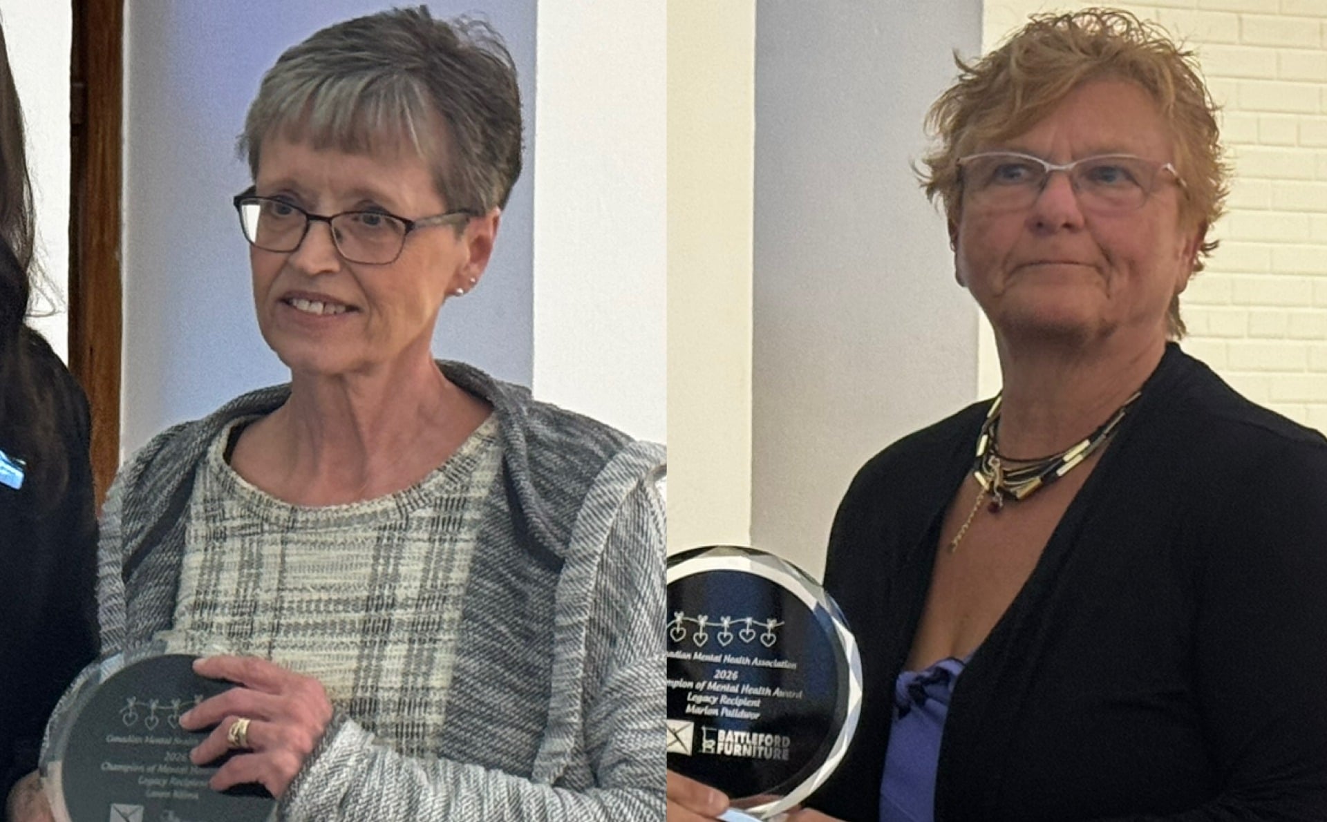 From left, Laurie Klima and Marion Palidwor pose after receiving Champion of Mental Health Legacy Awards during the Canadian Mental Health Association Battlefords branch’s Champions of Mental Health awards event, themed Threads of Resilience, in North Battleford on May 6, 2026.