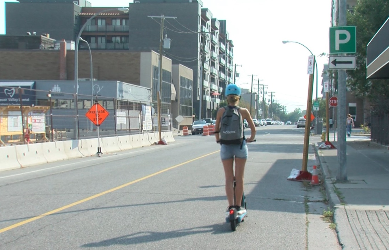 A rentable e-scooter being used on St. Paul Street in downtown Kamloops on Aug. 26, 2026.