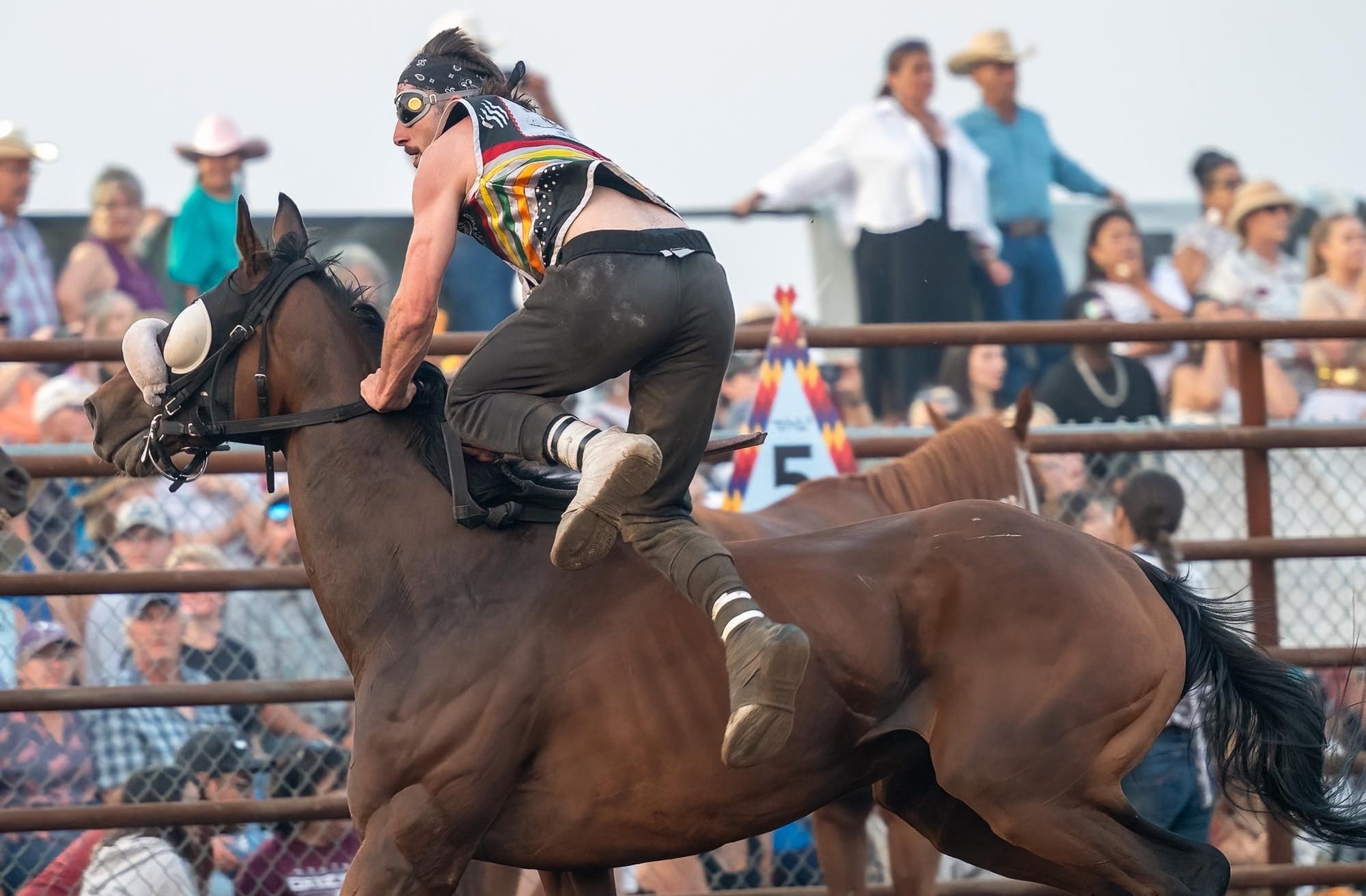 Jay Peeaychew and The Calabrese Kid, also known as “Kid,” during a past Indian Relay race. The seven-year-old California-bred horse serves as the Black Bear Indian Relay team’s second horse and is entering his second season – his first full year – in relay competition.