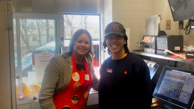 North Battleford Mayor Kelli Hawtin helping at the McDonald's window for McHappy Day.