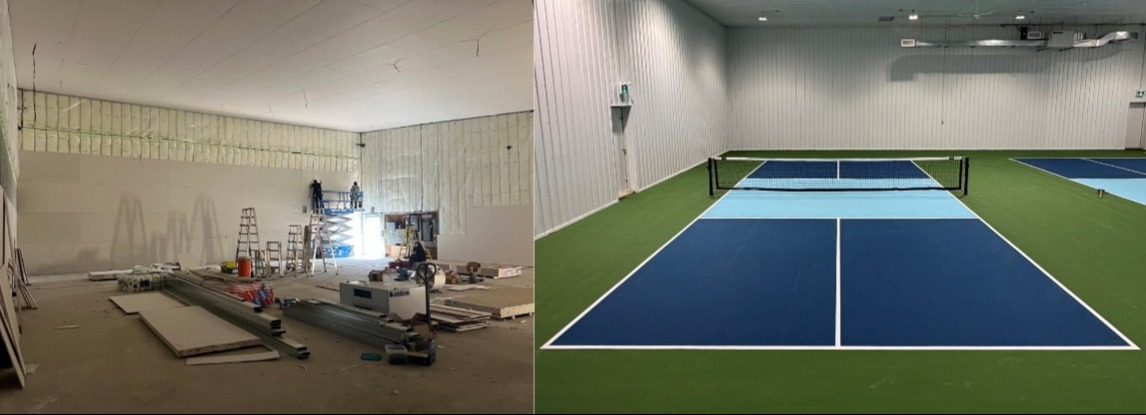 A lot can change in just a few months. The left photo shows some of the work being done to the facility back in July while the right photo shows the same space from earlier this month, which is now home to two finished courts.