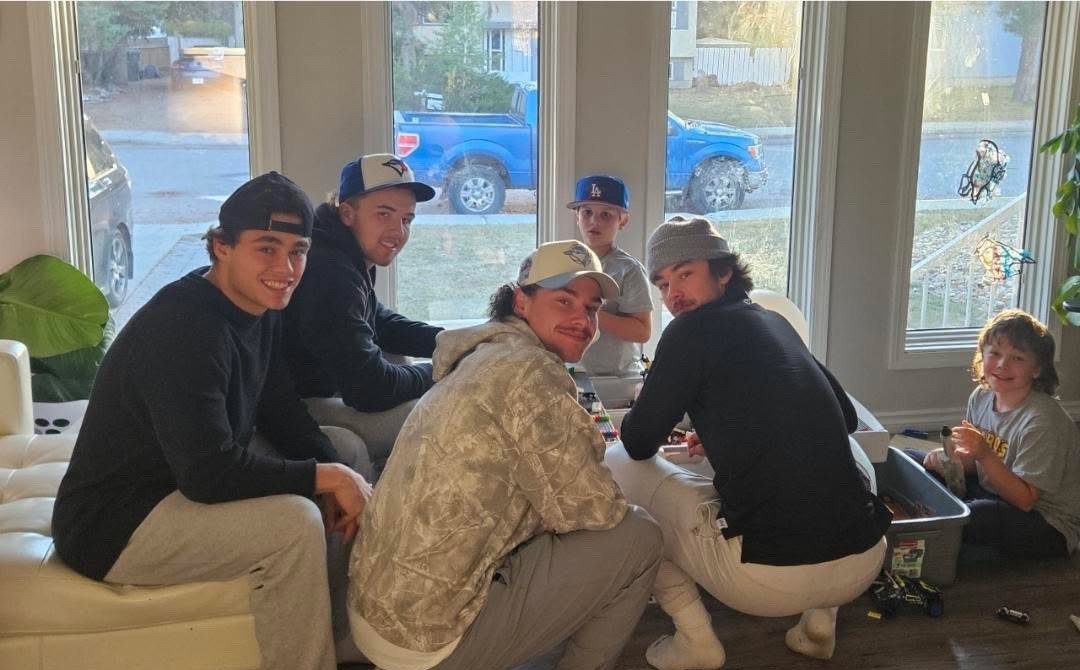 From left, Kobe Sawyer, Finlay Klippenstein, Adam Konowalchuk and Austin Garrett play Lego with Benjamin Nelson, far right, and his friend Konnor at the Nelson family’s home in North Battleford.