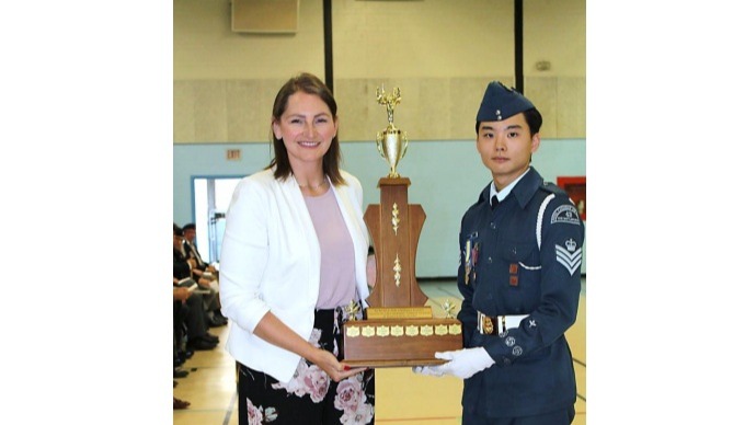 Flight Sergeant Matthew Kim with Rosemarie Falk, MP for the Battlefords, Lloydminster and Meadow Lake.