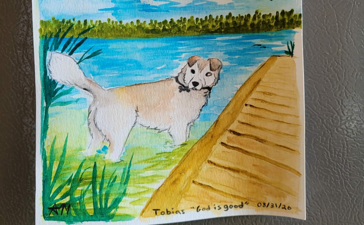 A drawing by one of Cody Lambert’s friends depicts Tobias, the blind dog Lambert adopted after volunteering to transport him to Meadow Lake.