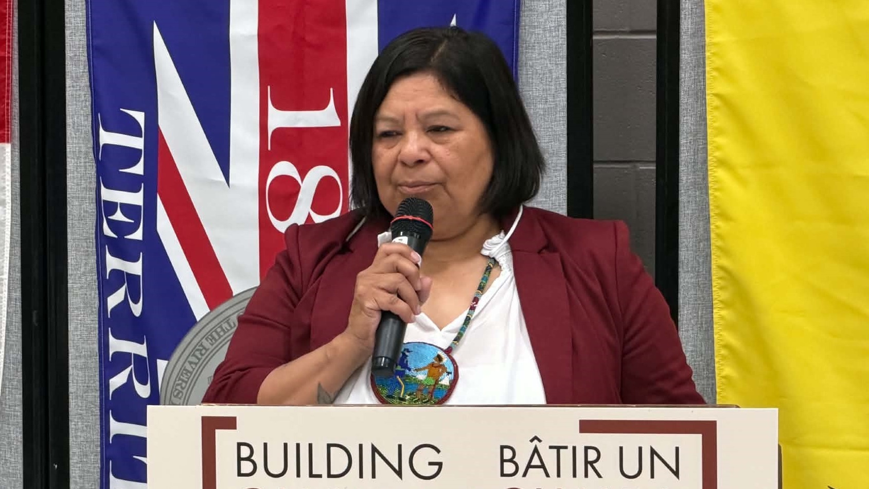 Sturgeon Lake First Nation Chief Christine Longjohn spoke to the attendees during the announcement on Friday.