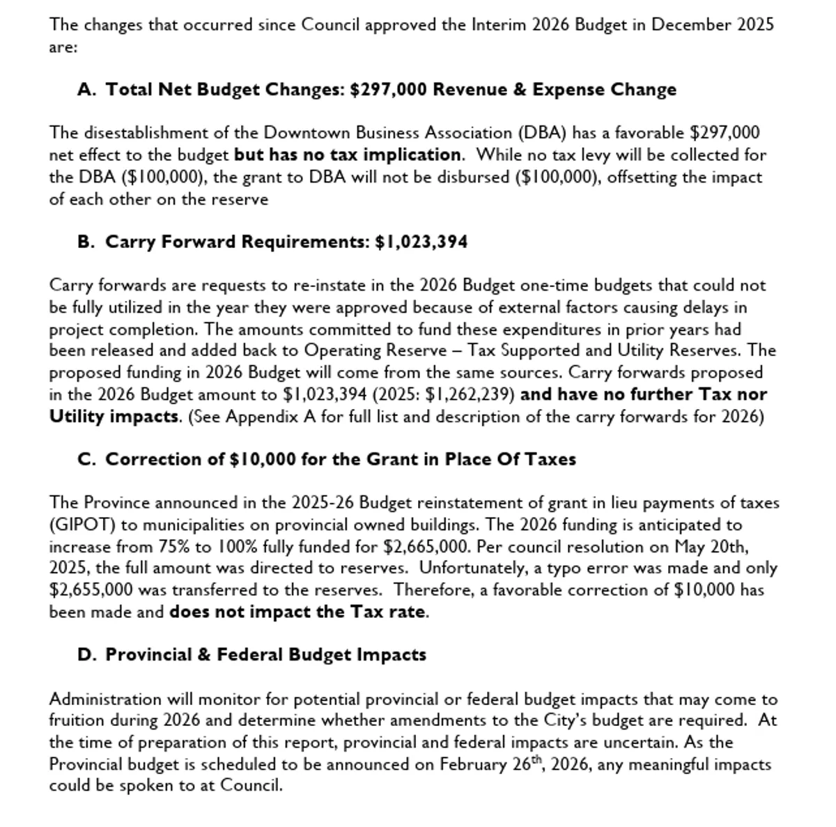 List of revisions to the adopted 2026 operating budget.