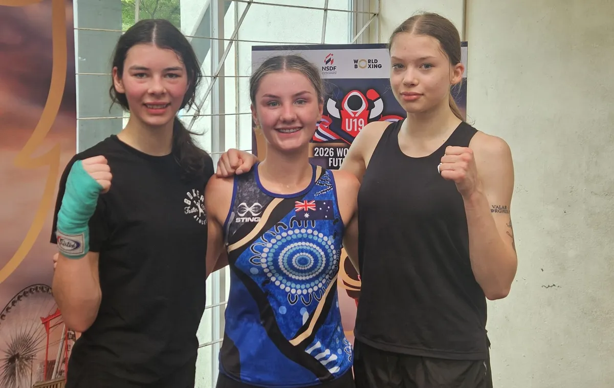 Havanna Demers (left) poses after Day 1 sparring sessions with Australia’s Seanadh McEleney (middle) and Poland’s Lena Klosowska at the U19 World Boxing Futures Cup in Bangkok, Thailand.
