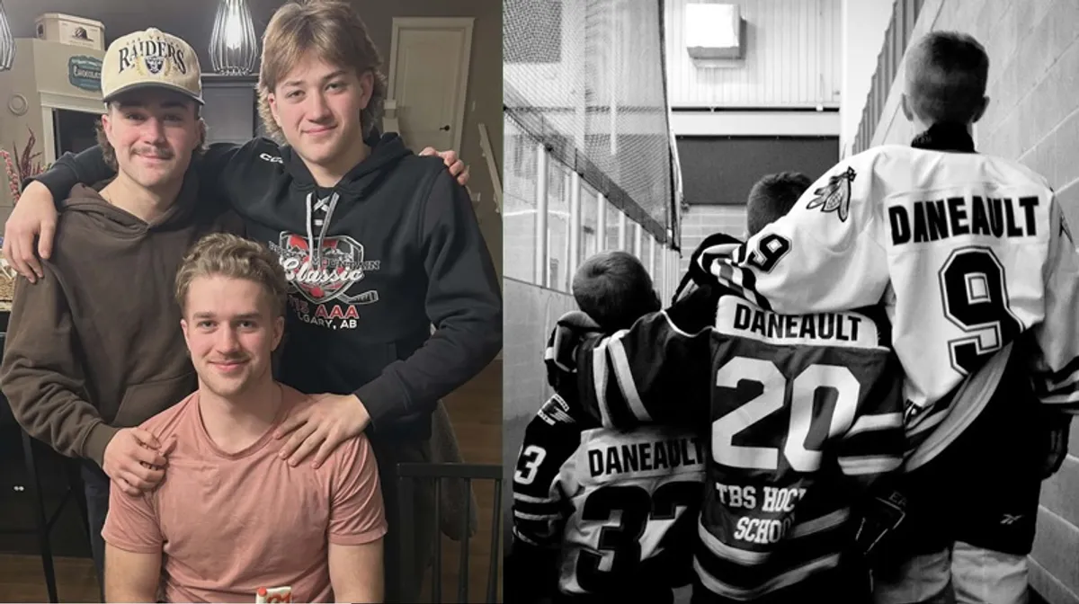 Left photo: Middlw brother Easton (hat), oldest brother Ty (sitting), and Madden (right), the Daneault kids.