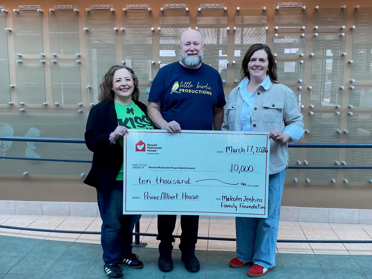 From left: Kim Morall from Odyssey Productions and Elliott Byers from Little Birdie Productions, presented a $10,000 donation to Tammy Forrester with Ronald McDonald House Saskatchewan.