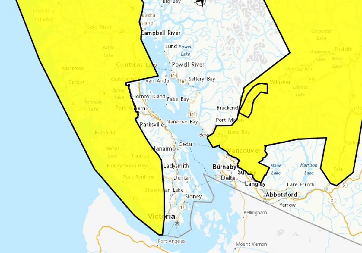 Rainfall warnings are in place for much of Vancouver Island, save for the mid and lowest eastern portions as of 11 a.m. Monday, March 16.
