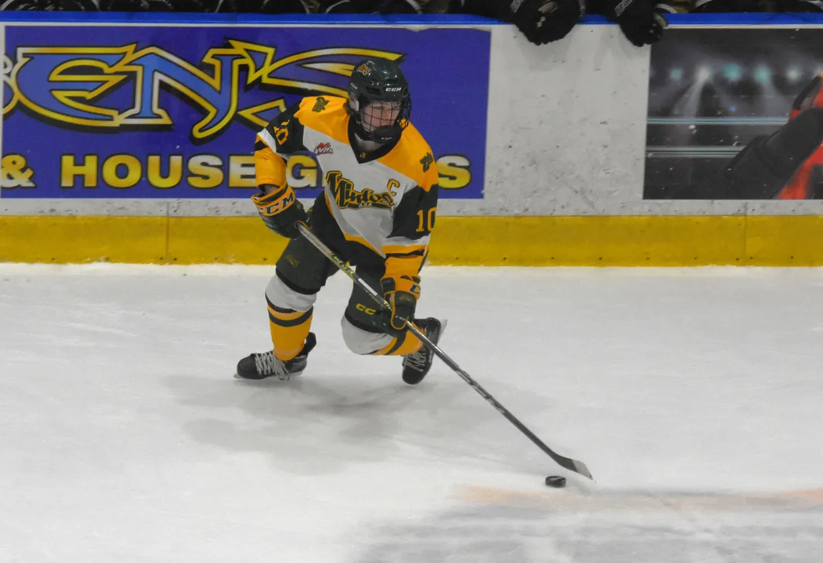 Van Taylor sported the 'C' for the Mintos prior to joining the Nipawin Hawks. Here, he's seen skating with the puck during a 6-3 loss to the Estevan Bears at the Art Hauser Centre on Jan. 28, 2024.