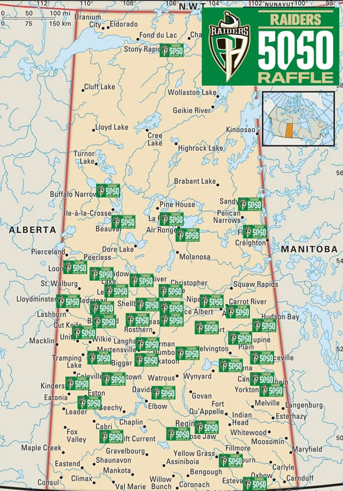 A map showing the communities where people have bought a 5050 ticket from the last two games. Scissons there are smaller communities on the map that could be added.