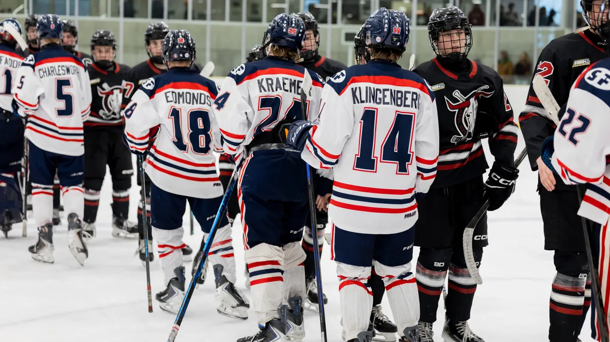 The Rebels and Hawks shake hands following the opening game of the U15 AAA Provincial Championship. Red Deer would take the win 4-3. It was the team's 39th of 41 straight wins in non-exhibition play.