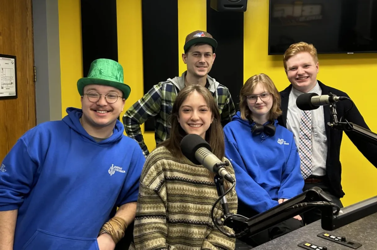 L-R (front): Raiden Seiyama, Kait Shaw, Ray Dalstra, and Nat Bahler, part of the cast of 'Newsies' March 19-21 at RDP, with rdnewsNOW reporter and host of The Everything Red Deer Podcast, Josh Hall (background).
