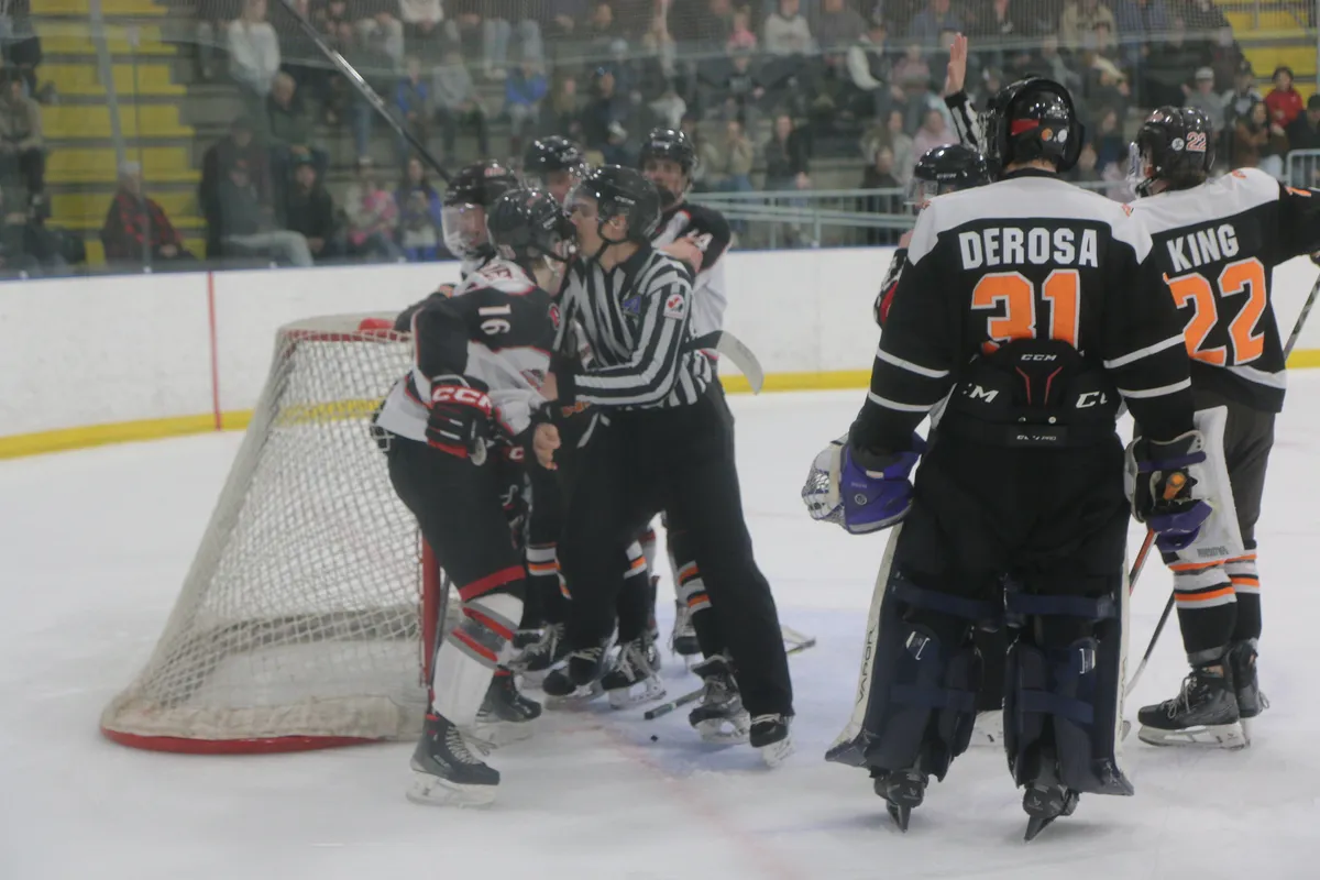 Linesmen break up a scrum in front of the Cubs net during a rough game that had 56 minutes in penalties called.