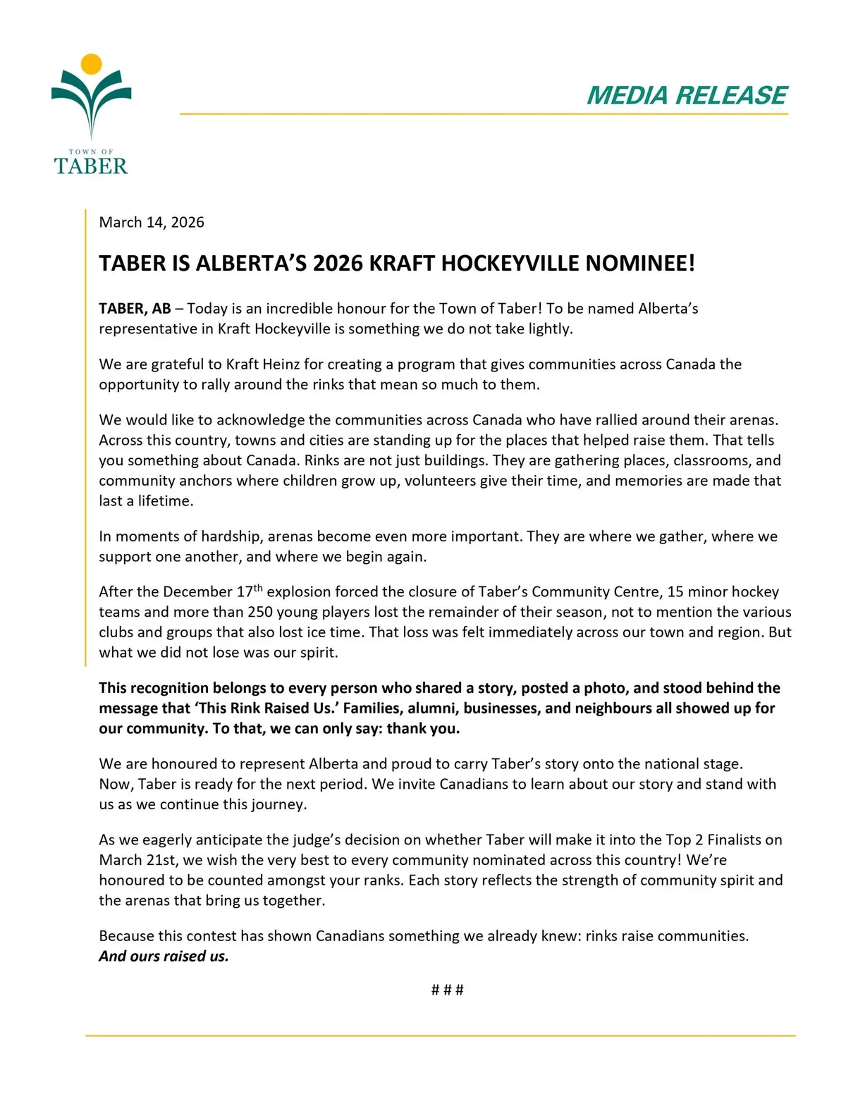 Town of Taber Media Release