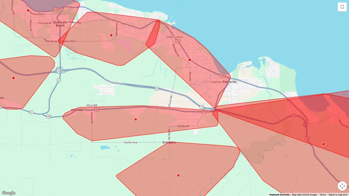 BC Hydro's outage map for the Oceanside area at around 4:15 p.m. on Tuesday.