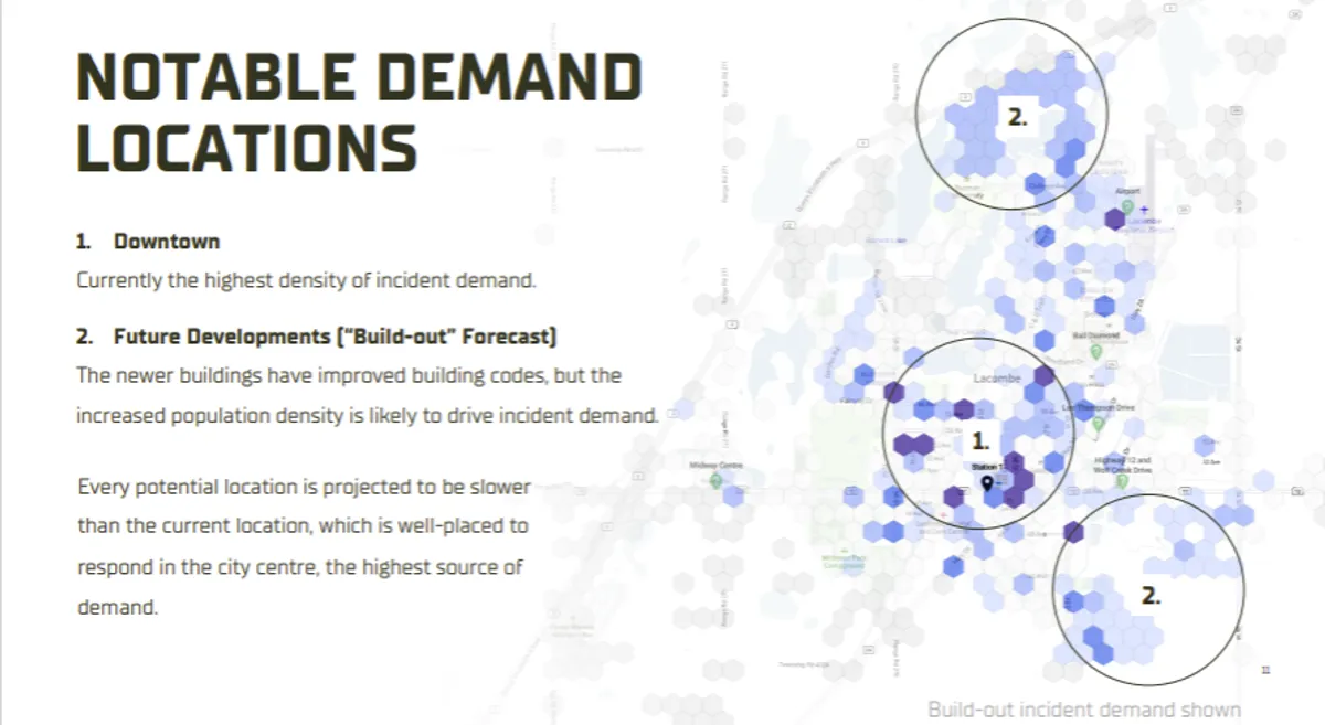 An infographic shows notable demand locations for Lacombe Fire Department response. The current fire station is located within circle #1, but it is aging and not suitable for the size of the city.