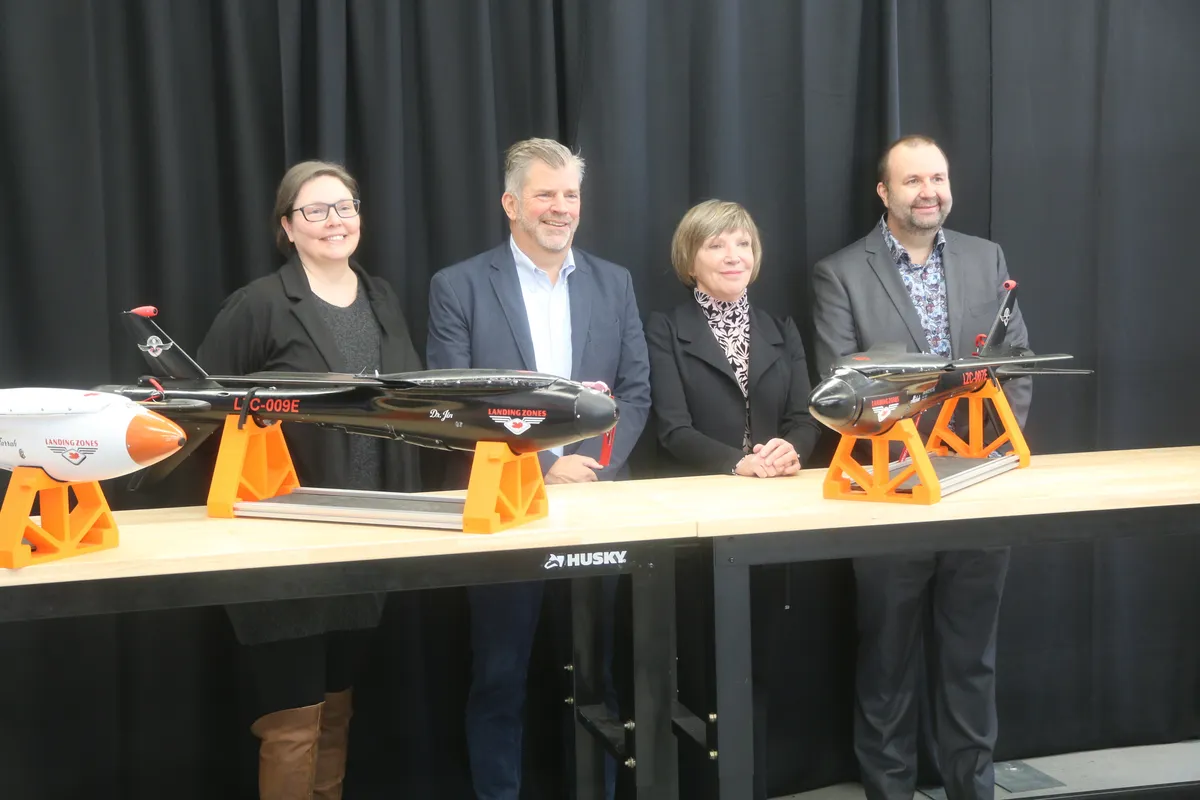 From Left to Right, Medicine Hat Mayor Linnsie Clark, Landing Zones Canada Founder and CEO Spencer Fraser,  Federal Minister of Emergency Management and Community Resilience Eleanor Olszewski, and Community Futures Entre-Corpe General Manager Sean Blewett.