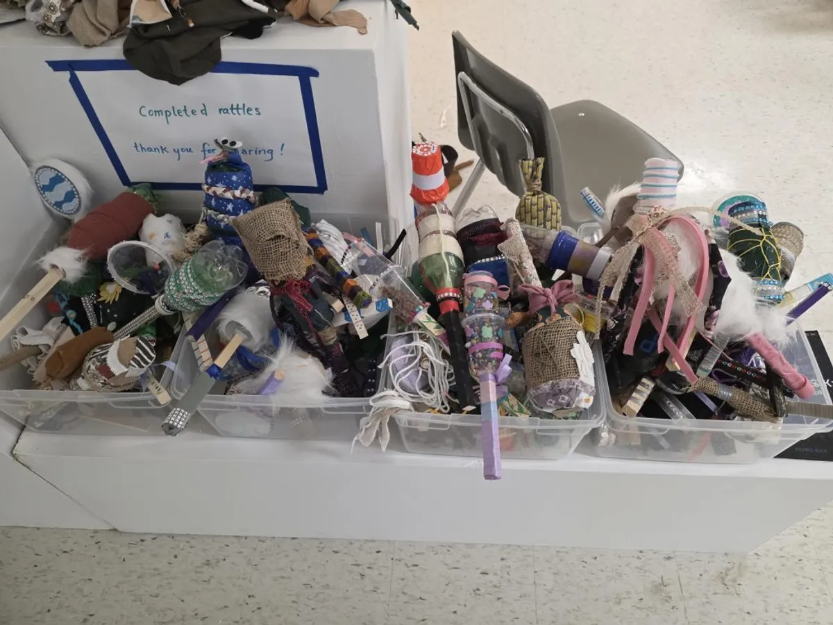 Rattles, completed by participants, using re-purposed materials.