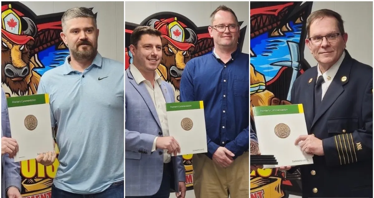 From left: Bruce Driedger, Saskatchewan's Minister of Community Safety and Minister responsible for the Saskatchewan Public Safety Agency Michael Weger and Deputy Fire Chief Dan Whaley, and St. Louis Fire Department Chief James Brake.