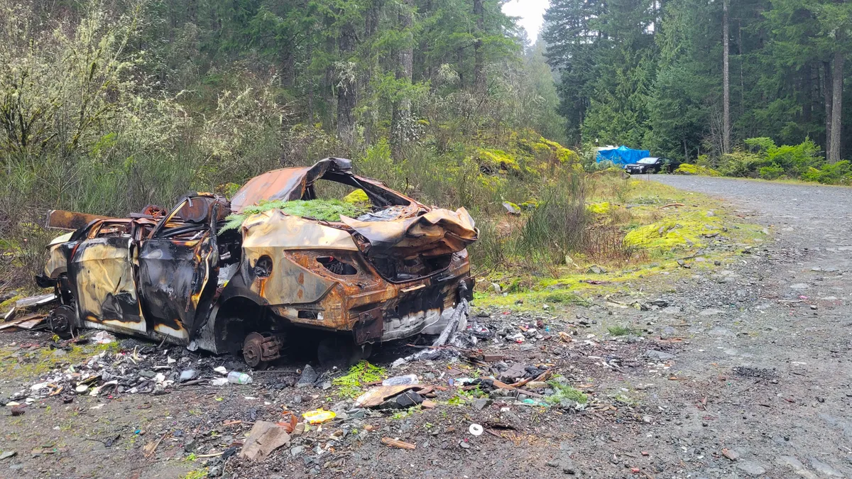 Piles of garbage, grass trimmings, and a burnt-out vehicle were all located along the Banon Creek Forest Service Rd., as well as active, make-shift campsites. Photo from March 4, 2026.